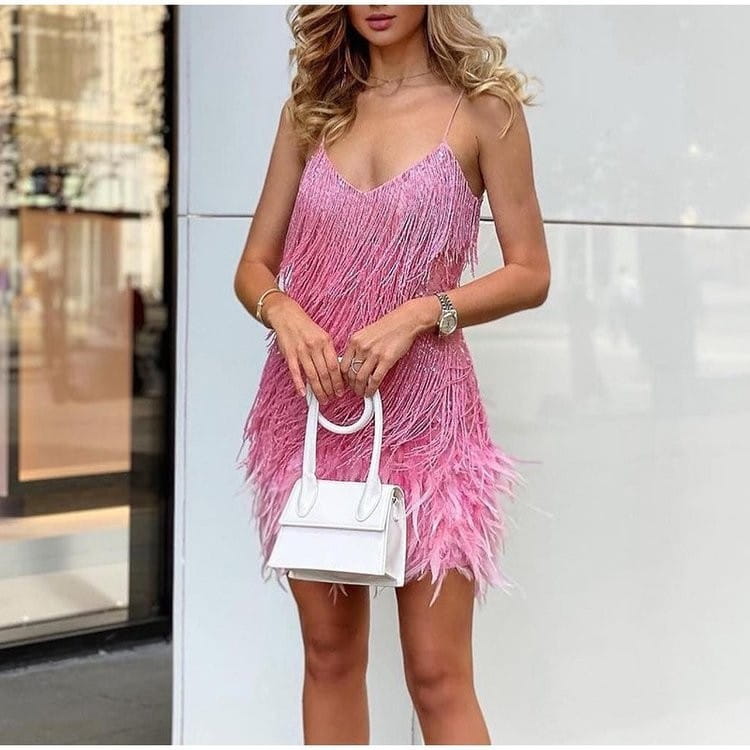 pink sequin feather tassel v neck party mini dress with thin spaghetti straps and feathered texture for festive occasions