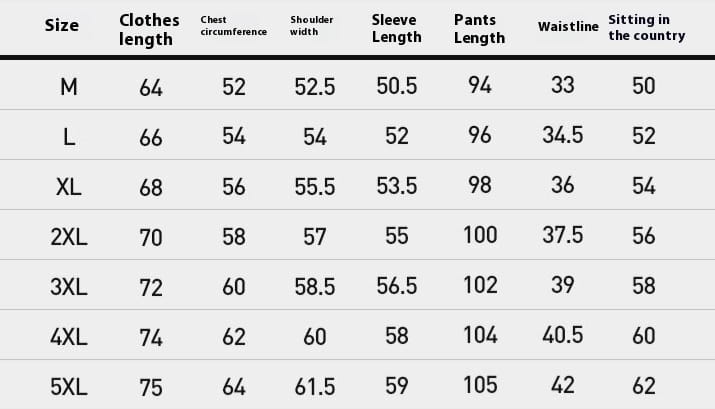 Size chart for women’s clothing line displaying measurements in centimeters for sizes m to 5xl alongside men track suit zip two piece set in green.