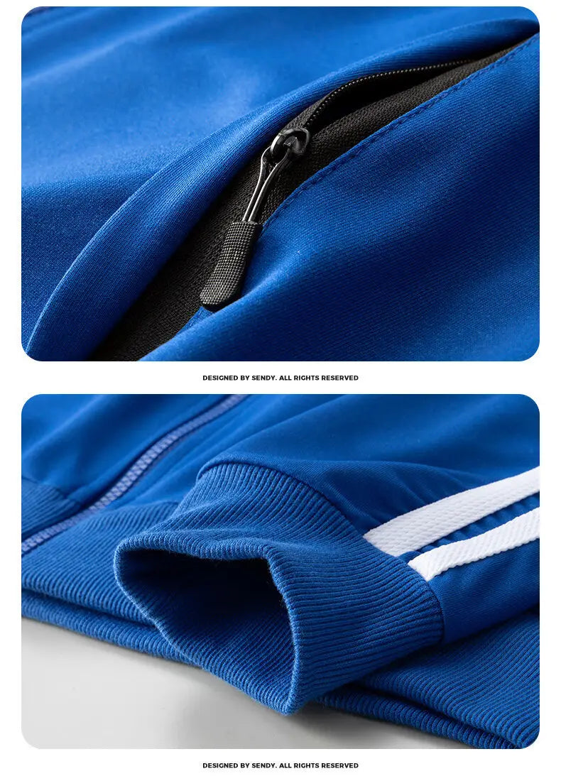 Men track suit zip two piece set in green featuring a blue athletic jacket with a black zipper and white stripes on the sleeve.