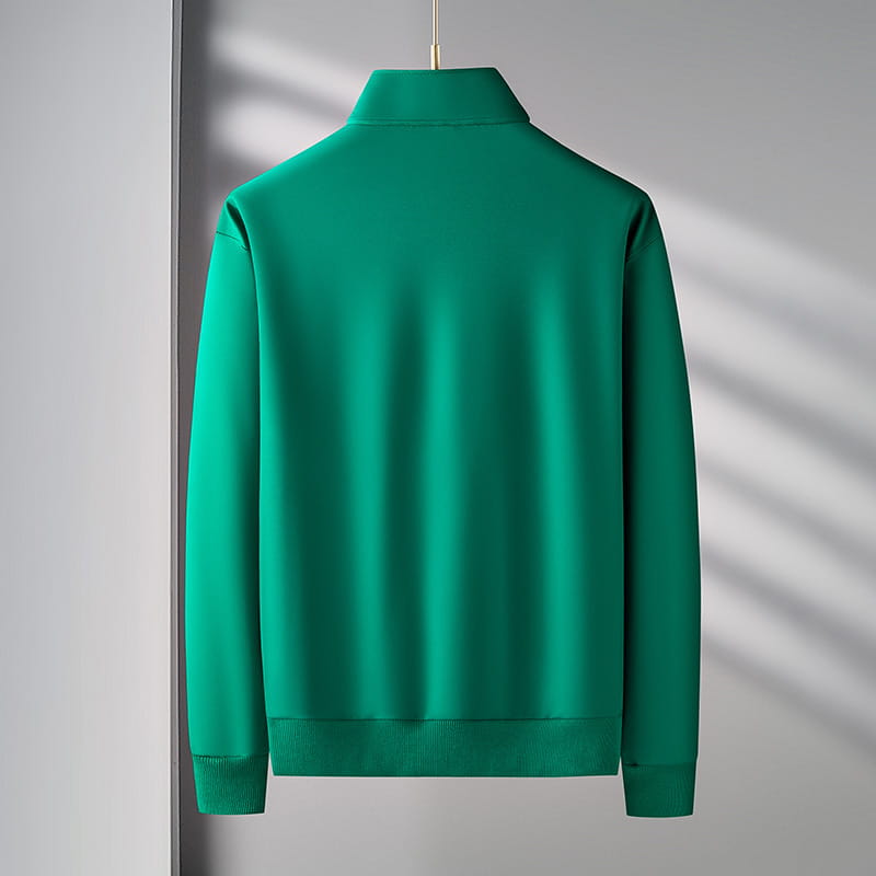 A sleek solid emerald green men track suit zip two piece set jacket with ribbed collar and cuffs.