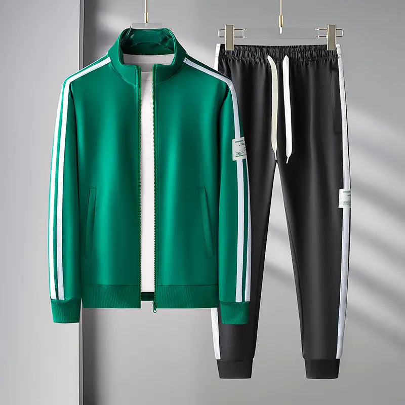 Men track suit zip two piece set green featuring a green and black design with white stripes made of breathable fabric for athletic use.