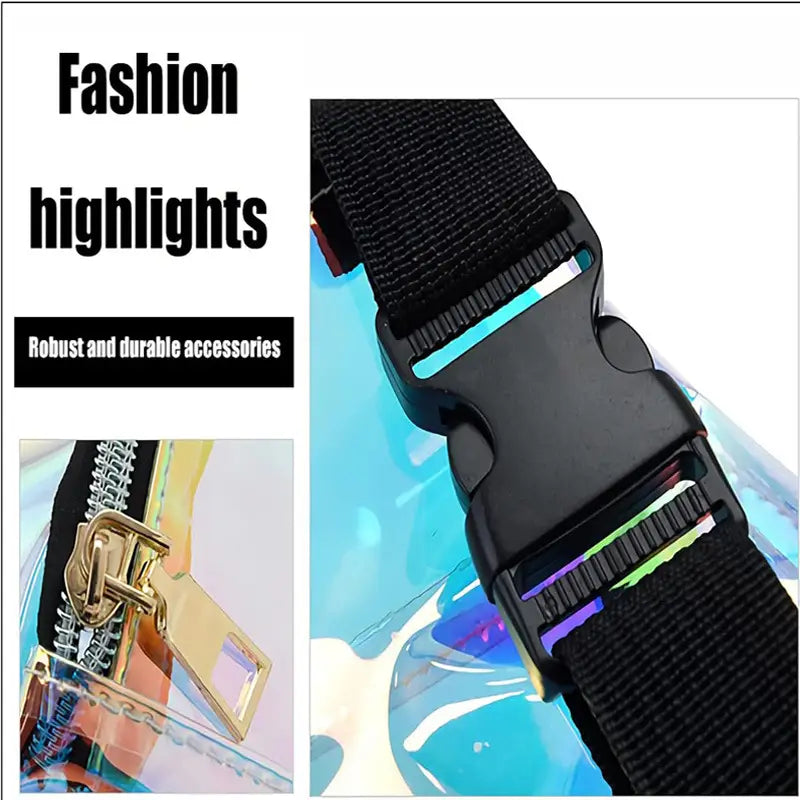 black nylon strap with a plastic buckle and gold tone zipper on a holographic iridescent tpu waist bag chest satchel