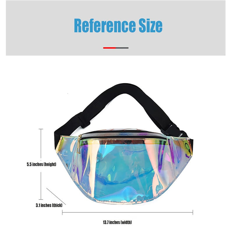 Iridescent holographic tpu waist bag with black adjustable strap designed as a chest satchel.