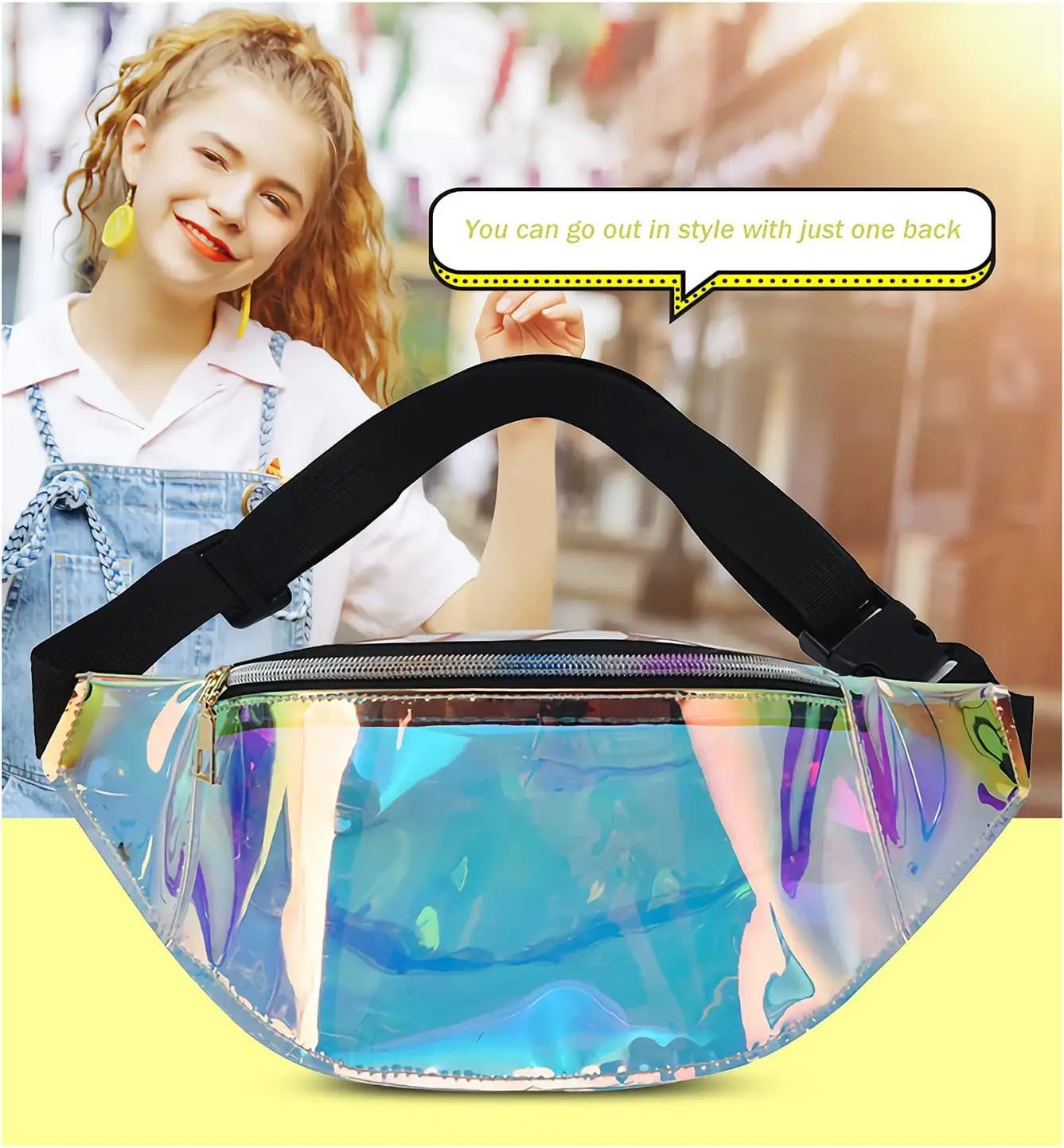 Holographic iridescent TPU waist bag with iridescent material and black adjustable strap designed as a chest satchel.