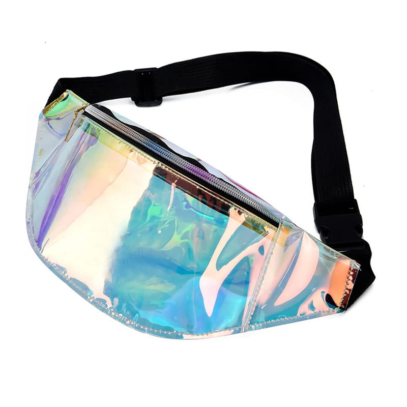 Holographic iridescent TPU waist bag chest satchel with a black adjustable strap and zipper.