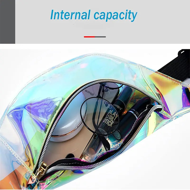 Holographic iridescent TPU waist bag with zipper closure and black strap designed as a chest satchel.