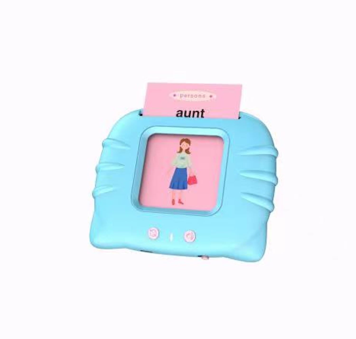 「おば（aunt）」と書かれたピンクのカードと、画面上のイラスト付きキャラクターを特徴とする、水色のプラスチック製キッズ用お話カード型の早期学習タブレット。