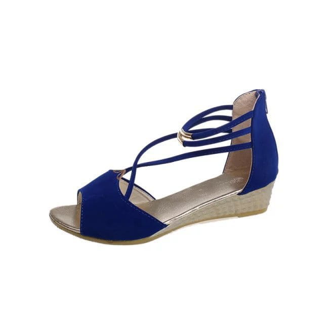 Royal blue suede wedge sandal with crisscross straps and a metallic buckle from suede wedge sandals Korean low heel strappy shoes collection.
