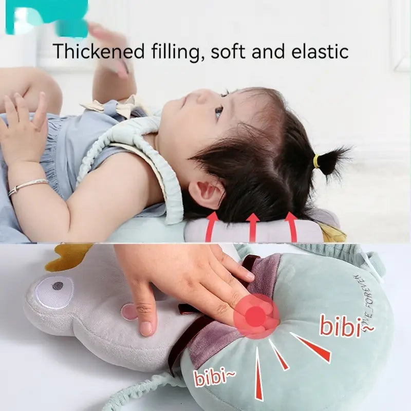 A soft light blue plush frog-shaped baby head protector toddler fall protection pillow with purple fabric trim and embroidered bibib text.