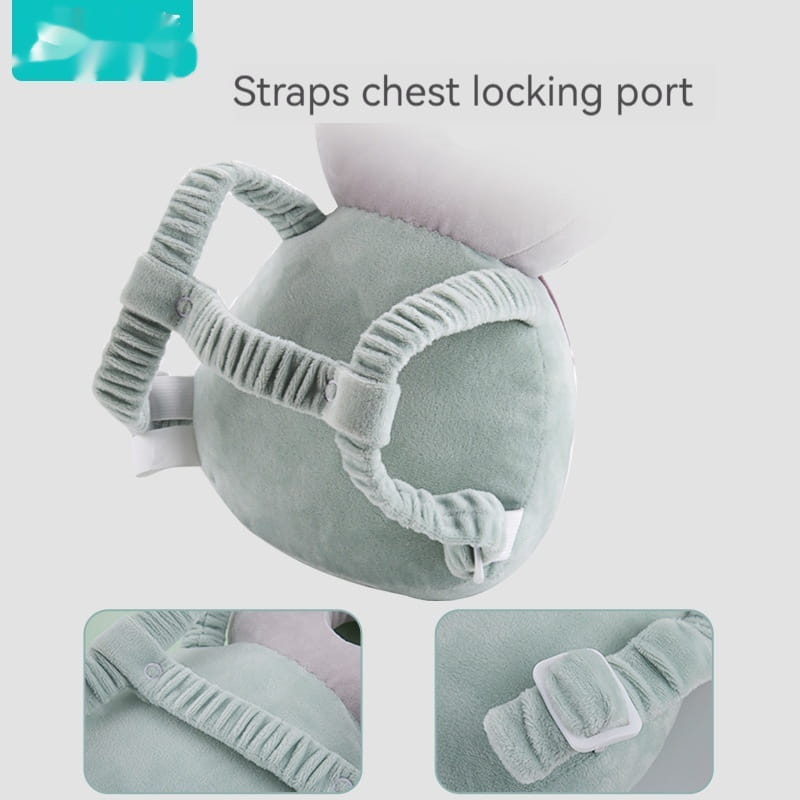 Soft mint-green plush chest strap with adjustable velcro closures and a secure locking port for baby head protector toddler fall protection pillow.