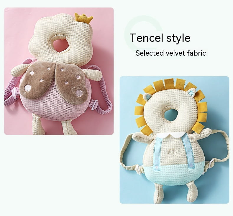 Soft plush baby head protector toddler fall protection pillow in cream-colored tencel-style velvet fabric featuring a lion motif and light blue denim-like suspenders.