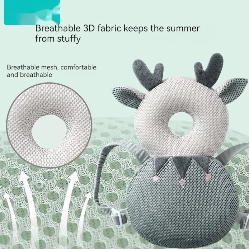 Gray and white 3d mesh reindeer-shaped baby head protector toddler fall protection pillow made of soft breathable fabric for infant safety.