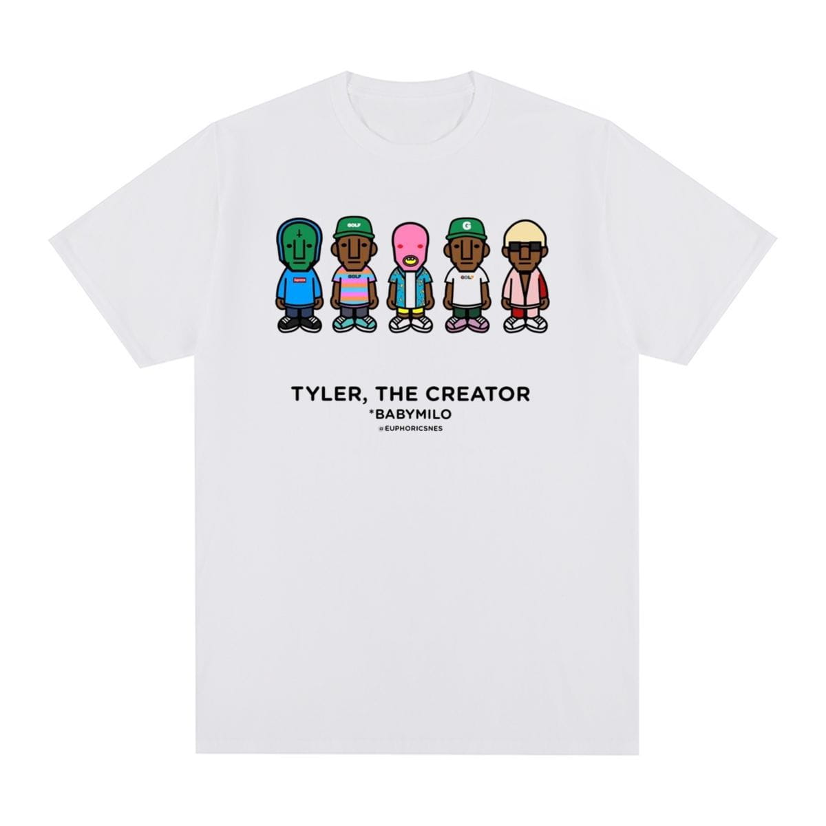 white cotton tyler the creator baby milo vintage t shirt featuring a colorful cartoon graphic of five stylized figures and the text tyler the creator and babymilo euphoricnes