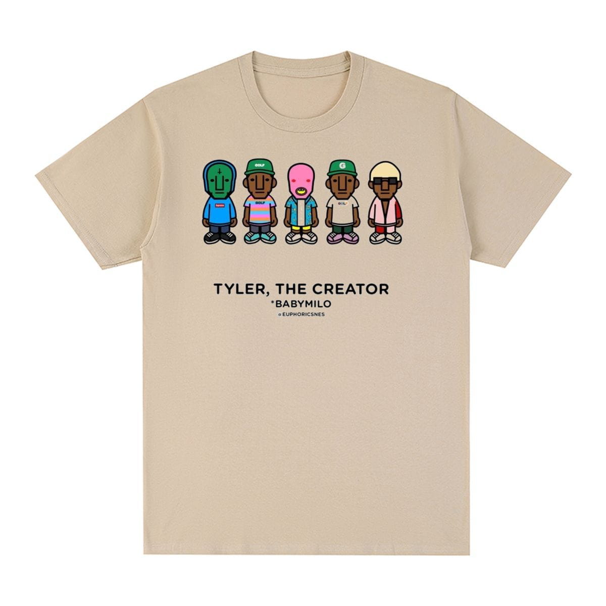 Beige short-sleeved vintage cotton t shirt featuring a cartoon graphic of five colorful stylized figures and the text tyler the creator babymilo euphoricnes.
