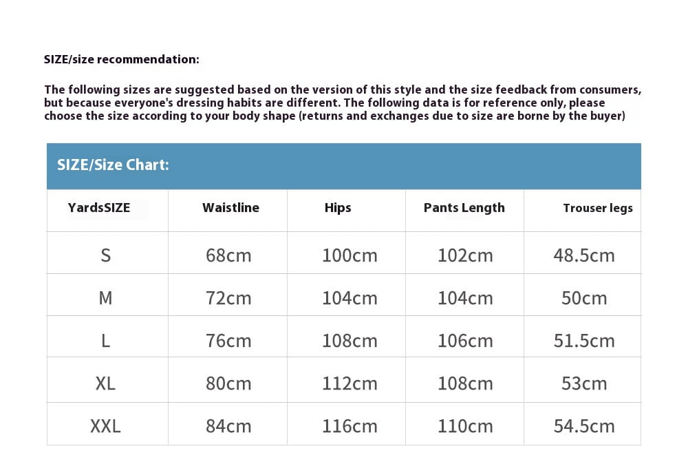 Guide des tailles pour salopettes cargo en jean de coton à coupe slim pour homme, multi-poches, indiquant les mesures de la taille, des hanches, de la longueur du pantalon et de la largeur de la jambe du pantalon en centimètres, pour les tailles S à XXL.