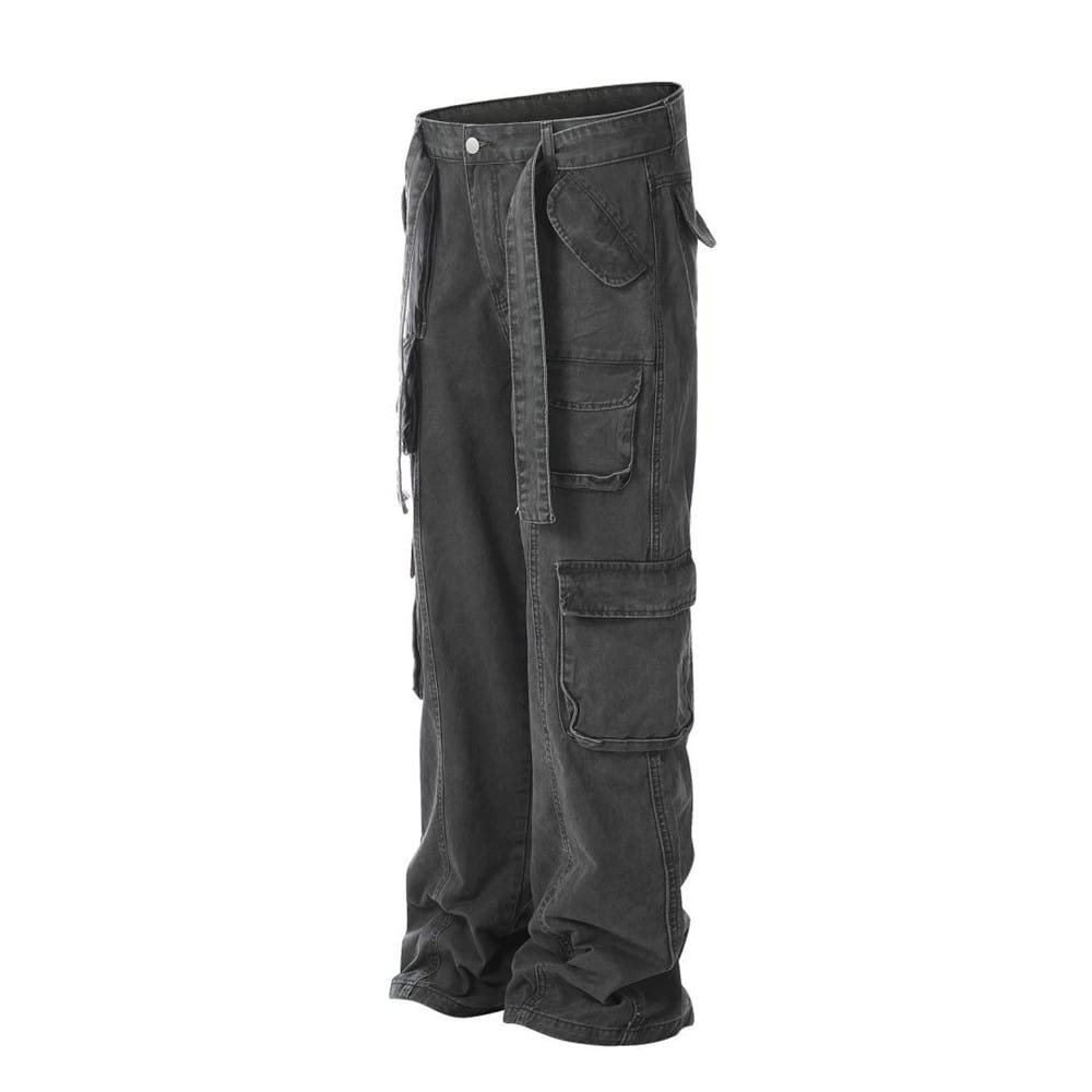 Salopettes cargo en jean de coton à coupe slim pour homme, gris foncé, avec plusieurs poches et une ceinture à cordon de serrage.