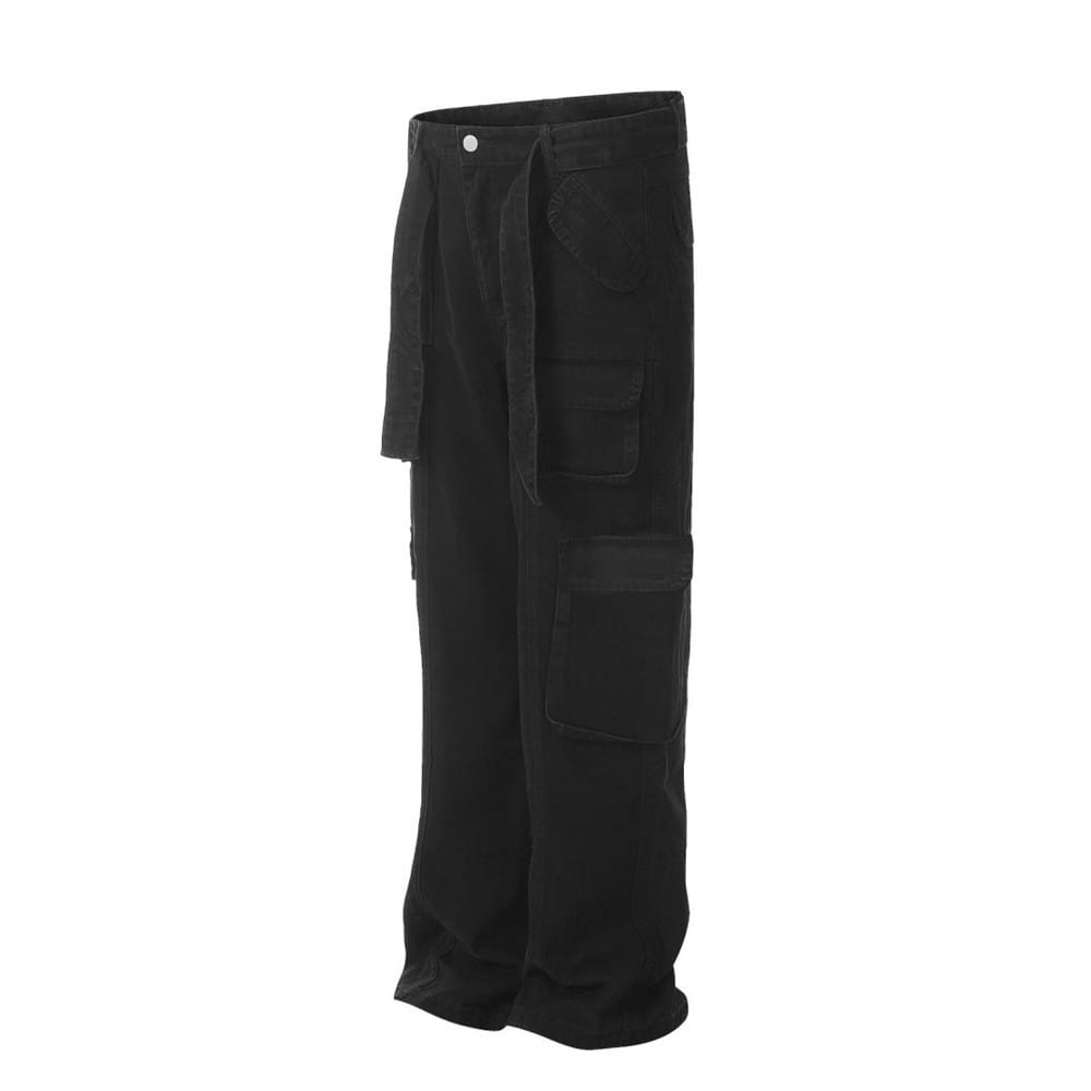 Salopettes cargo en jean de coton noir à coupe slim pour homme, avec plusieurs poches et une ceinture à cordon de serrage
