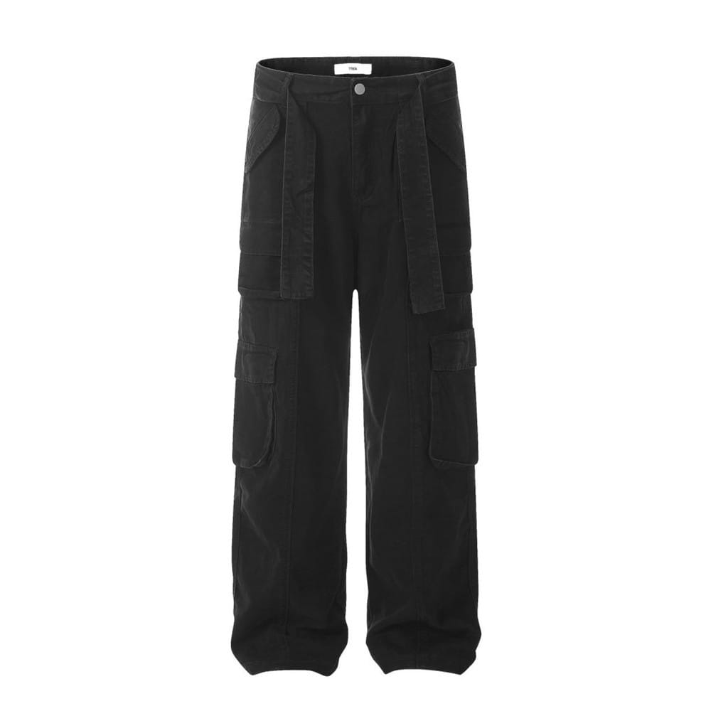 Salopettes cargo en denim noir à coupe slim, multi-poches, pour homme, avec plusieurs poches et une coupe ample et large décontractée.