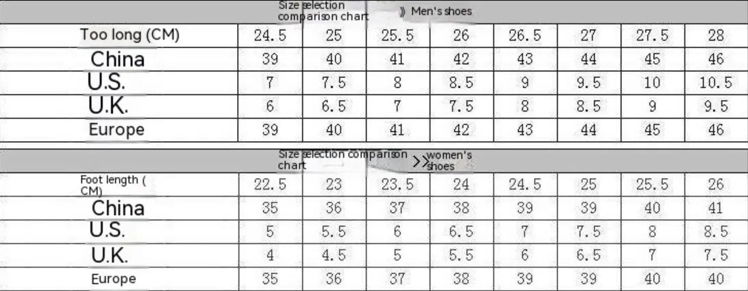 Tabla de conversión de tallas de zapatos para hombre y mujer, con medidas en centímetros, en sistemas de tallaje de China, EE. UU. y Europa para mocasines de cuero con perforaciones, de ante perforado, estilo calzado tipo mule o sin cordones.