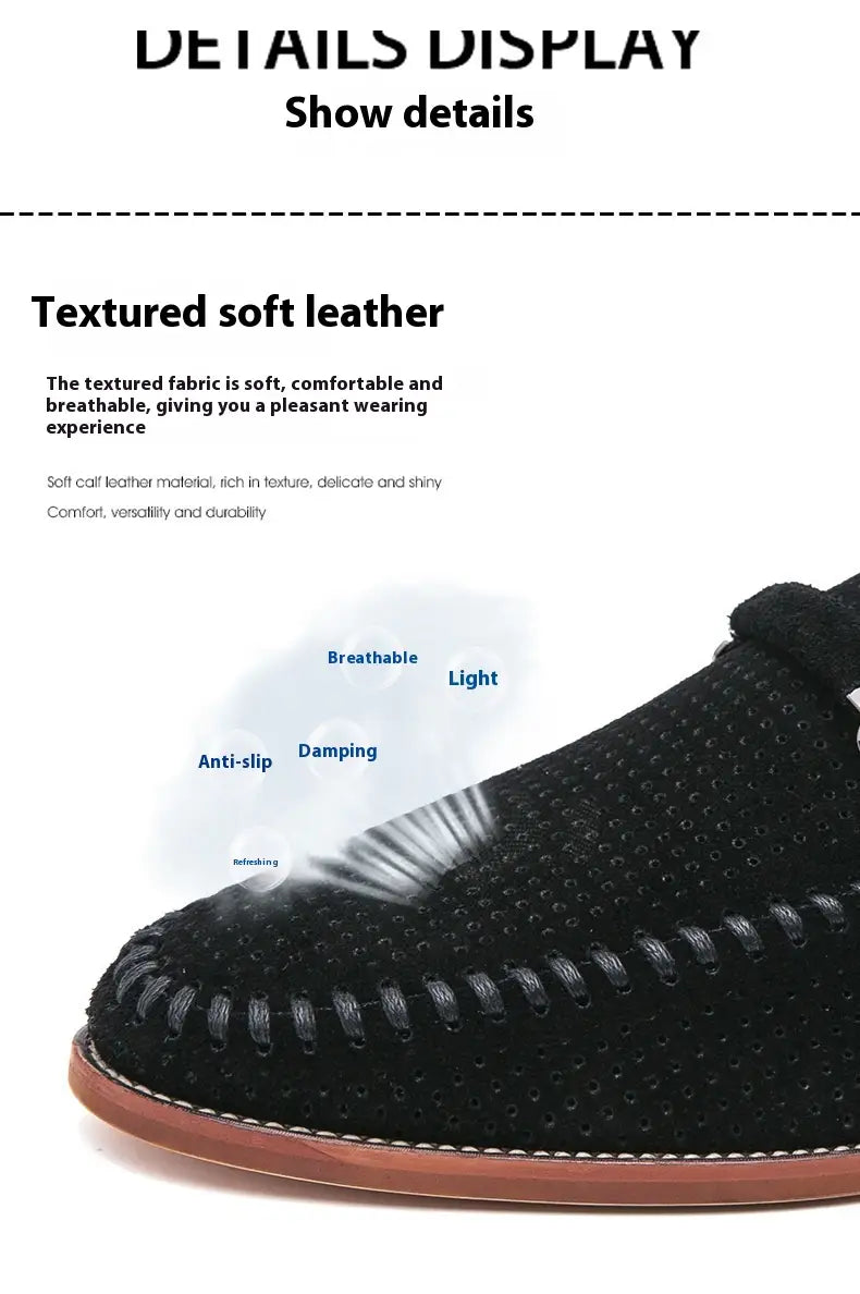 Mocasín de cuero negro texturizado y suave, con puntera cosida y suela color camel, presentado como mocasines de ante perforado tipo mule de cuero.