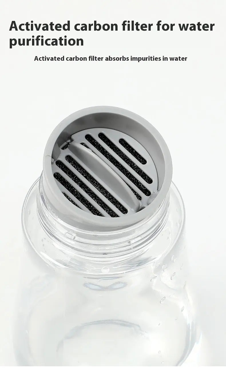 Portable pet water bottle featuring a gray activated carbon filter with a black slotted design fitted into a clear plastic bottle.