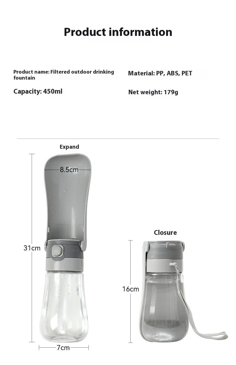 Gray and transparent plastic portable pet water bottle with carbon filter featuring a collapsible outdoor drinking fountain design and attached strap for easy carrying.