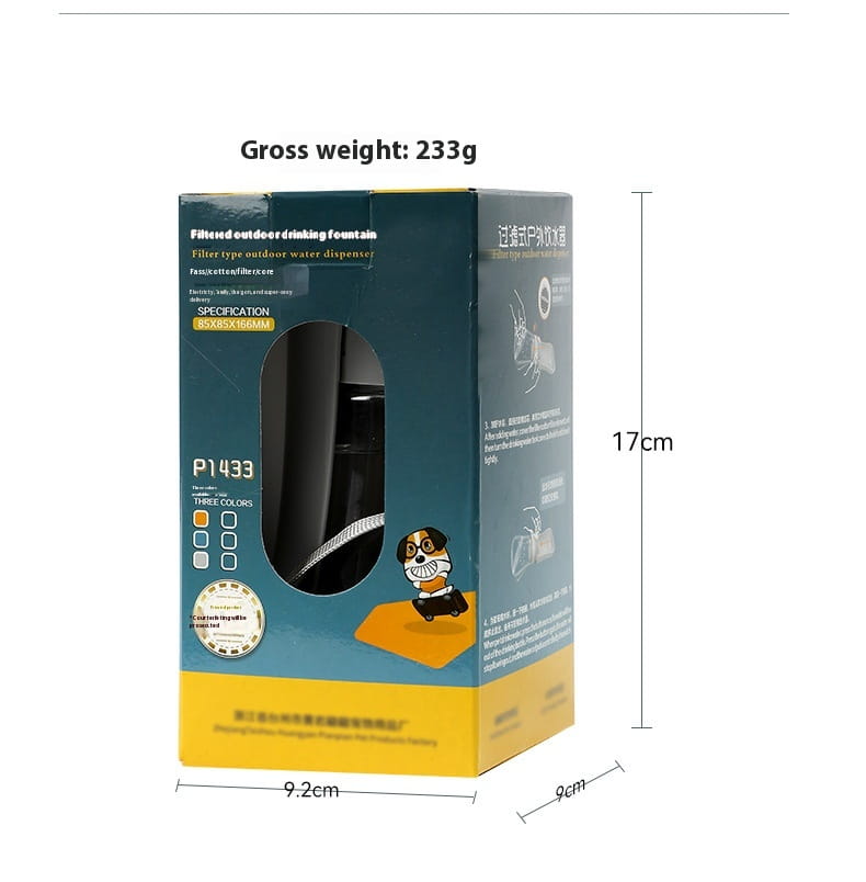 Black filter-type outdoor drinking fountain dispenser displayed in teal and yellow box for a portable pet water bottle with carbon filter.