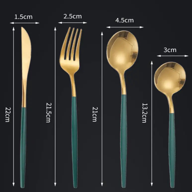 Coffret cadeau de luxe en acier inoxydable, ensemble de couverts de 24 pièces, comprenant un couteau et une fourchette à extrémités dorées, ainsi que deux cuillères avec des manches turquoise.