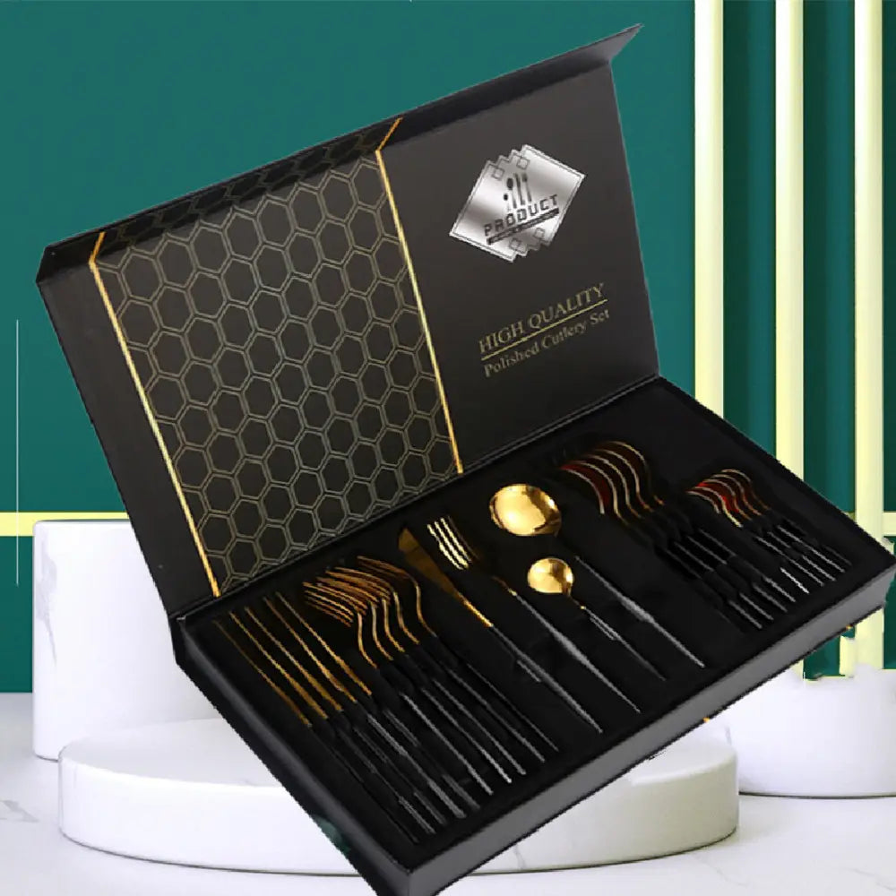 Ensemble de couverts élégants en acier inoxydable poli noir et or, 24 pièces, présenté dans un coffret cadeau de luxe élégant avec motif de nid d’abeille.