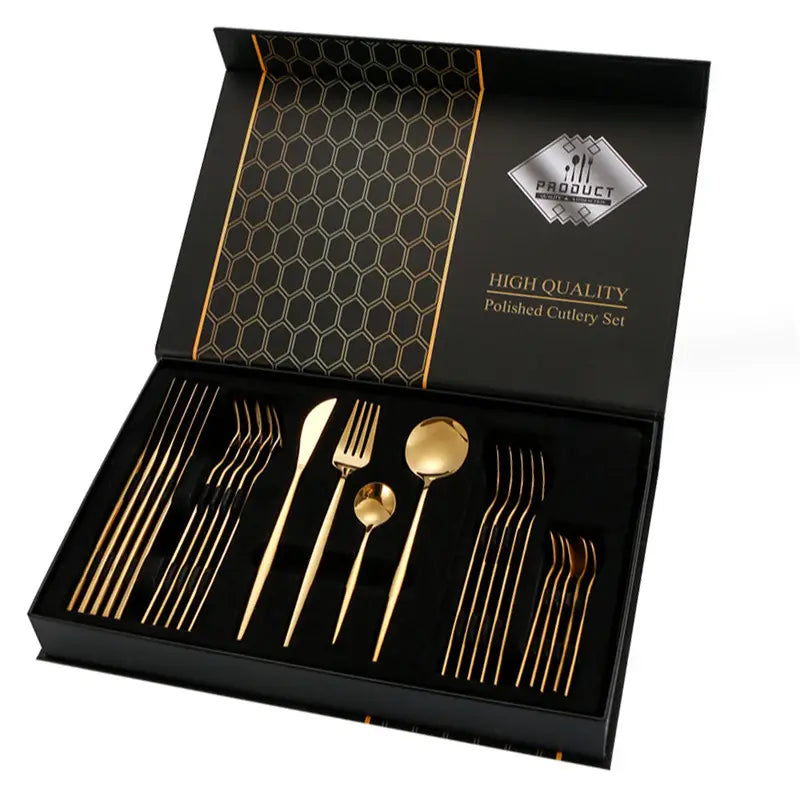 Ensemble de couverts en acier inoxydable plaqué or, 24 pièces, présenté dans un coffret cadeau noir épuré, avec un revêtement à motif de nid d’abeille.