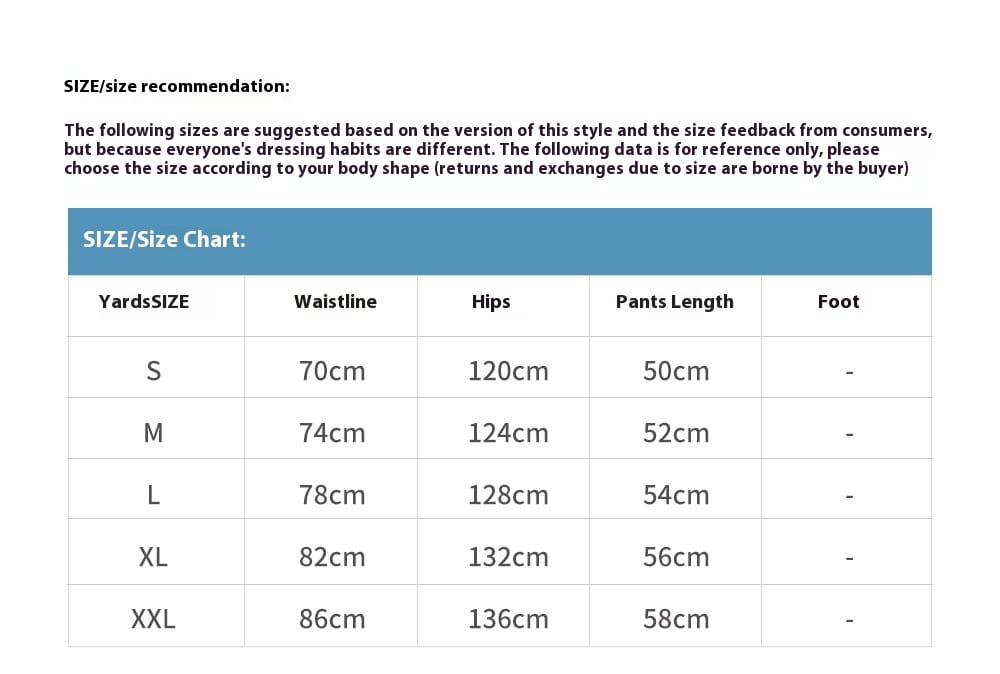 Size chart for men’s leopard print denim and cargo workwear shorts showing measurements in centimeters for waistline hips and length from size s to xxl.