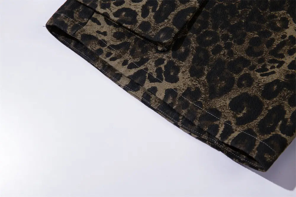 Men’s leopard print denim and cargo workwear shorts in black and tan with a rugged textured fabric finish