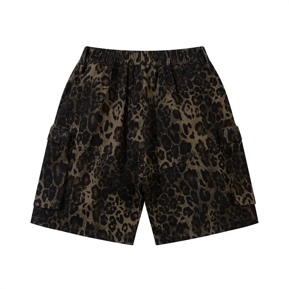 Men’s leopard print denim and cargo workwear shorts in black and tan with an elastic waistband and cargo pockets.