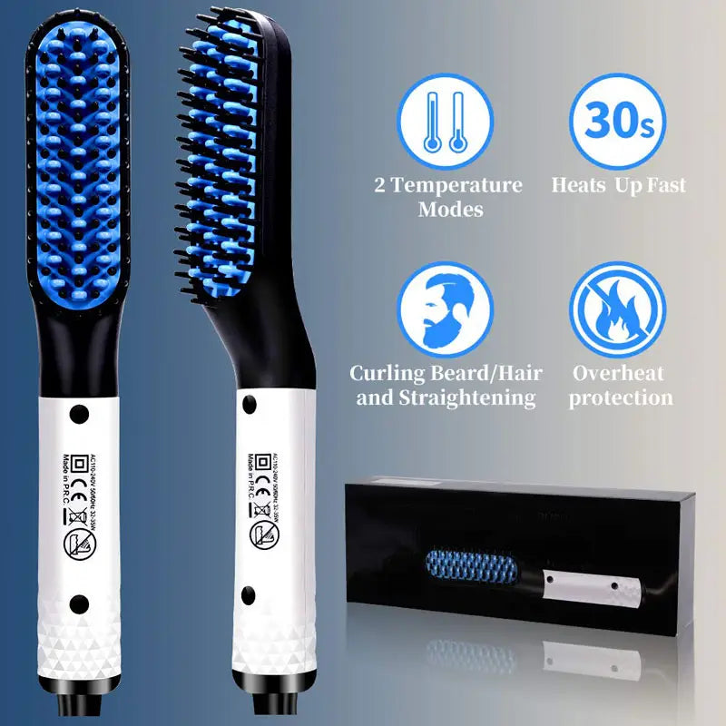 Blue and black hair straightener brush for men with heated bristles and white textured grip for beard and hair styling.