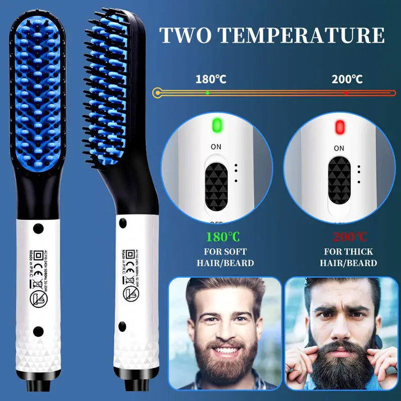 Blue and black two-temperature hair straightener brush with adjustable heat settings designed for men beard and hair styling