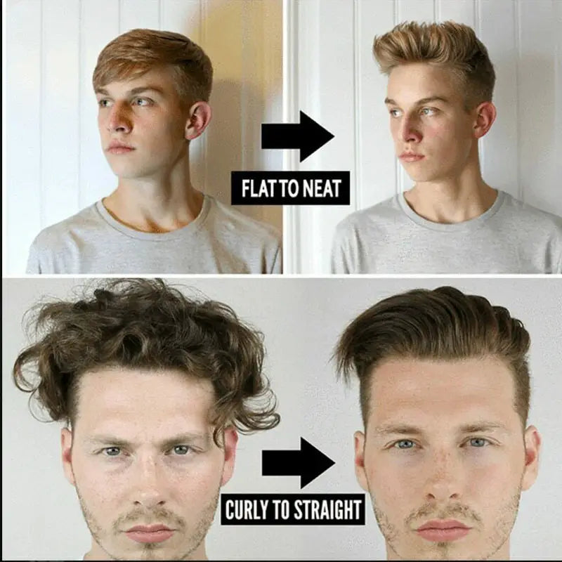 The image shows before and after transformations of men’s hairstyles using a hair straightener brush for men beard and hair styling, demonstrating a flat haircut styled into a neat updo and curly hair straightened for a polished look.