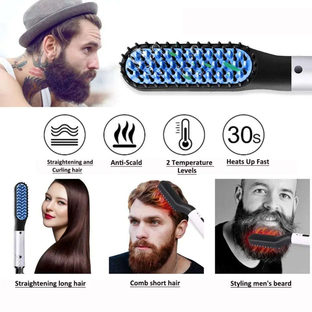 Schwarz-silberne elektrische Haarglättungsbürste für Männer zum Stylen von Bart und Haaren mit blauen Heizelementen für das Styling.
