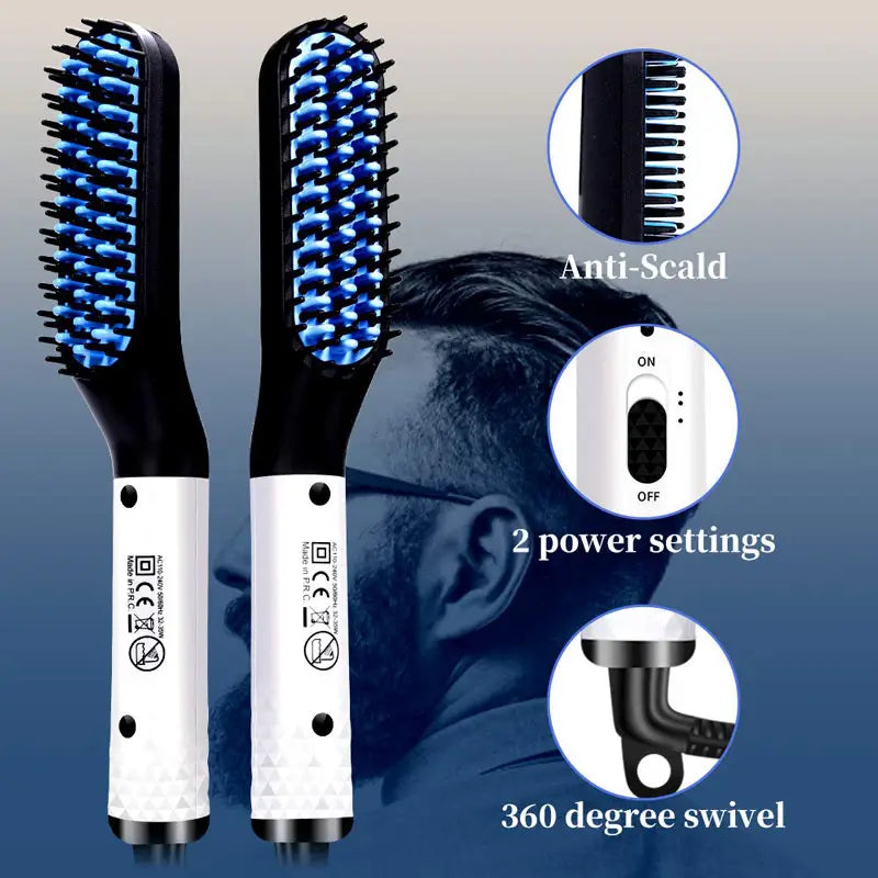 Black and white electric hair straightener brush for men with blue-tipped bristles designed for beard and hair styling.