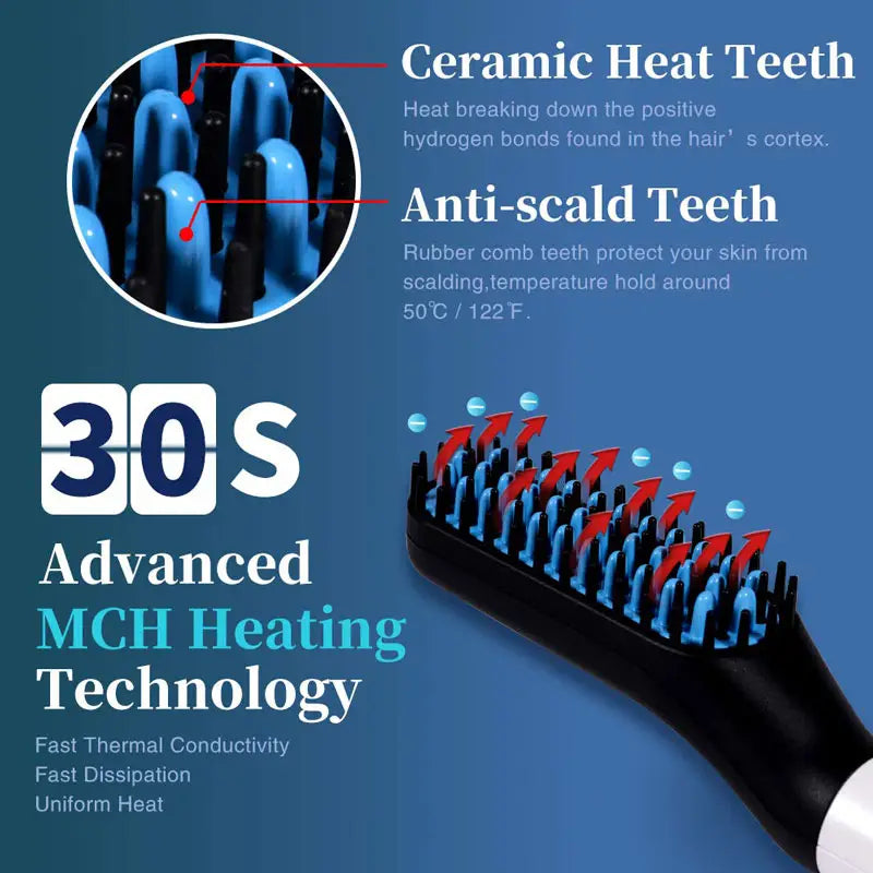 Black and blue ceramic heat-activated hair straightener brush with anti-scald rubber teeth for men beard and hair styling