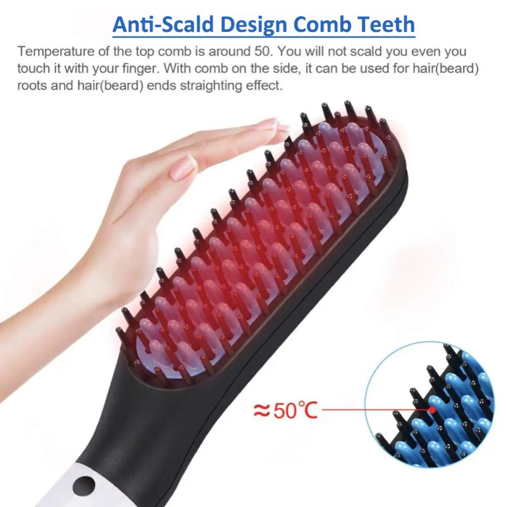 black and white hair straightener brush with red glowing anti-scald comb teeth designed for men beard and hair styling