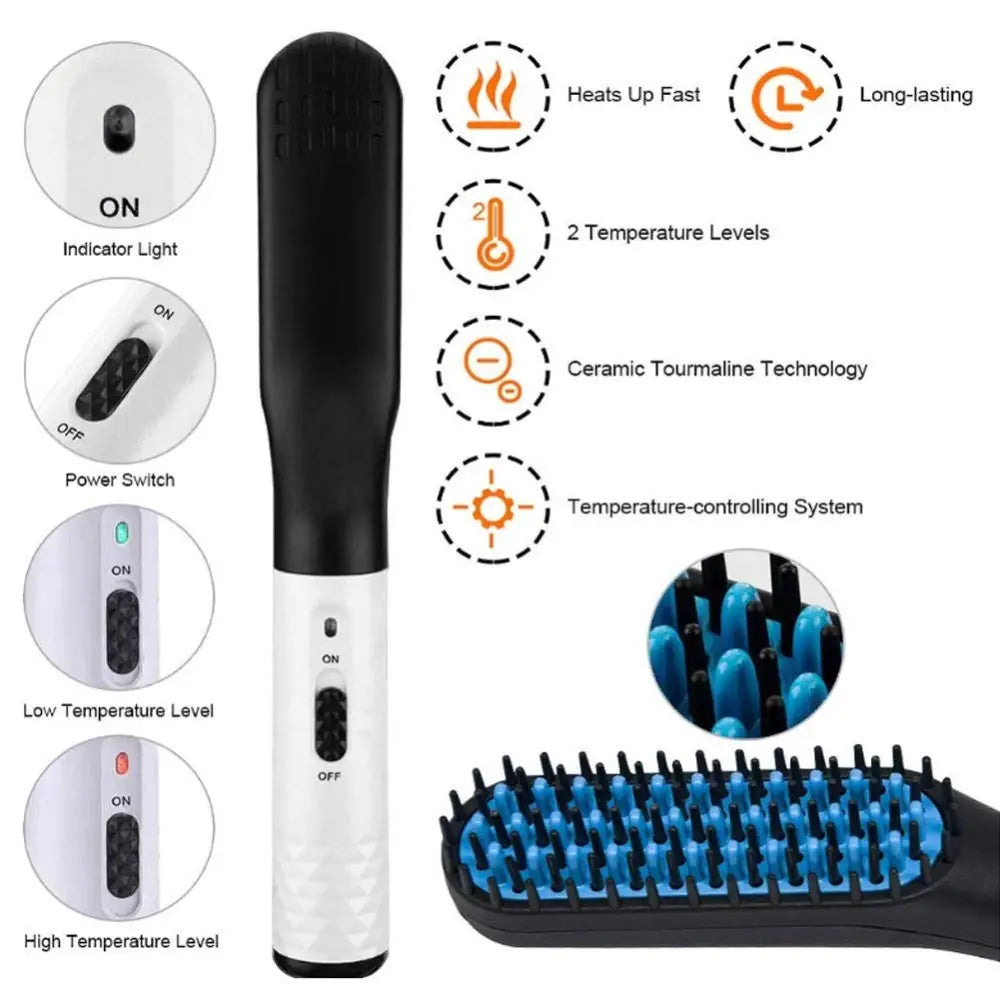 Black and white ceramic tourmaline heated hair straightener brush with blue-tipped bristles for men beard and hair styling.