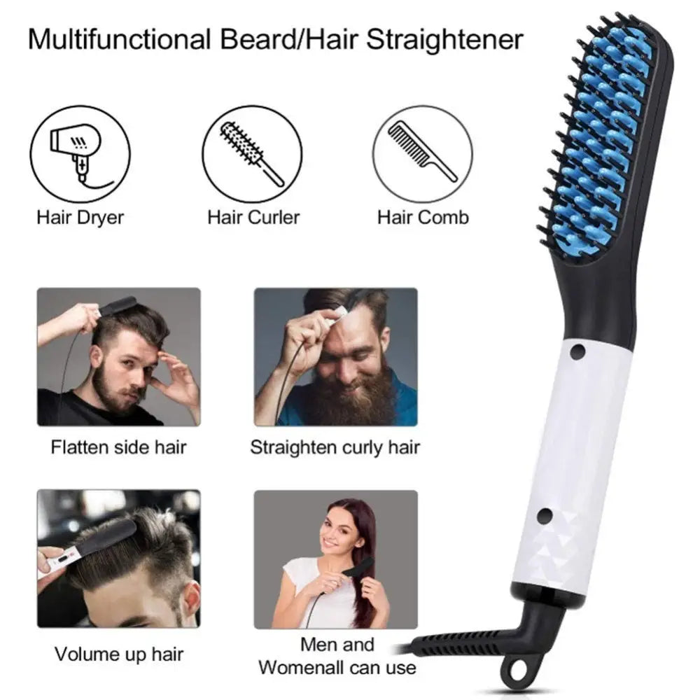 Black and white multifunctional hair straightener brush for men with blue bristles designed for beard and hair styling.