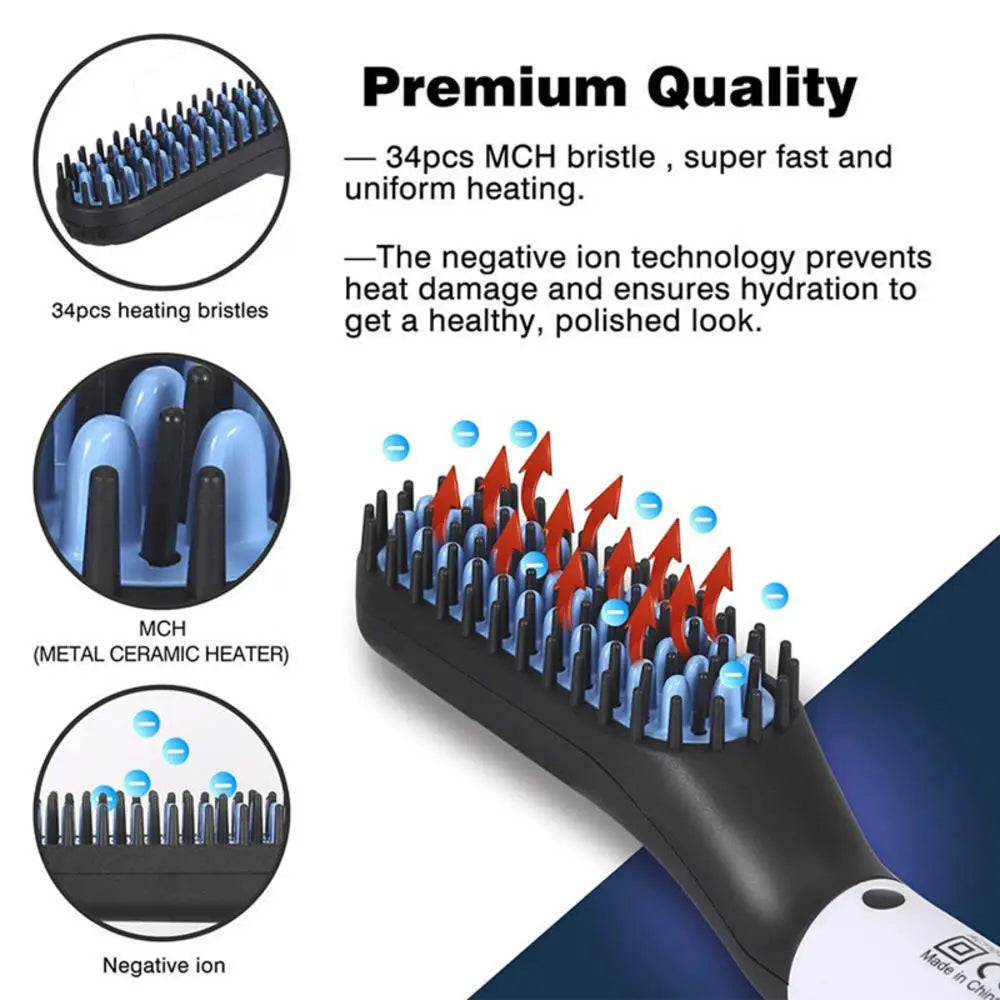 Black and blue ceramic hair straightener brush with 34 metal heating bristles designed for men beard and hair styling.