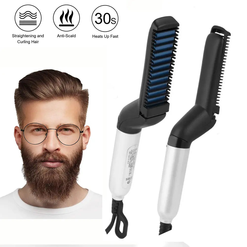Schwarz-silberne Haarglättungsbürste mit blauen Borsten, entwickelt für Männer zum Stylen von Bart und Haaren.