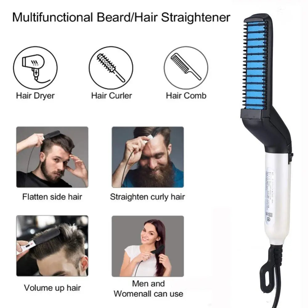 男性向けの青色の加熱プレートを備えた黒色および銀色の多機能ヘアストレートブラシで、ひげおよびヘアスタイリング用です。