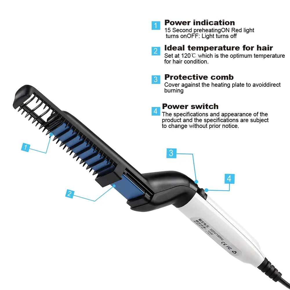 schwarz-weiße elektrische Haarglättungsbürste mit blauen Keramik-Heizplatten für Männer zum Stylen von Bart und Haaren
