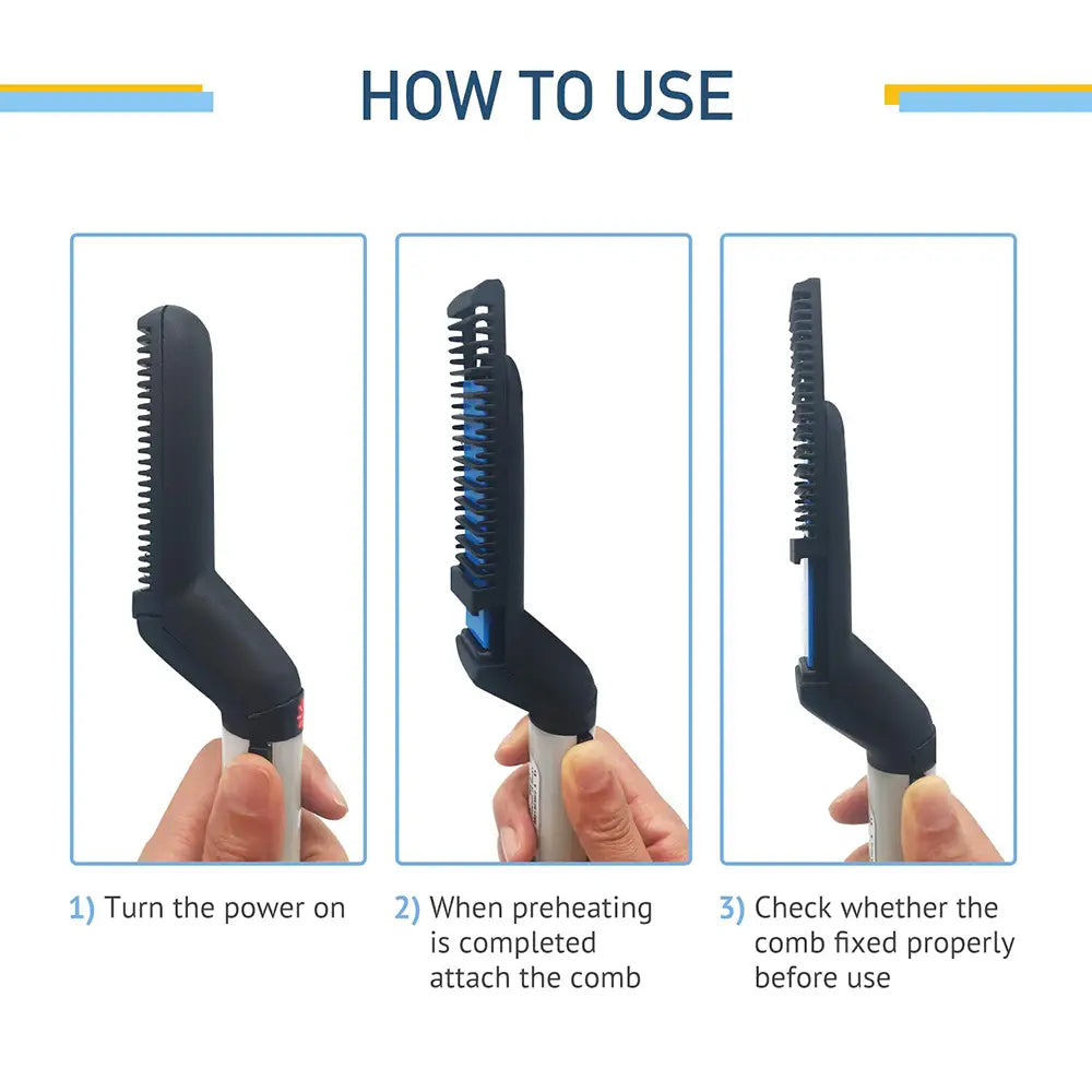 Schwarz-silberner elektrischer Haarkamm mit verstellbaren Zähnen für das Styling in einer Haarglättungsbürste für Männer zum Stylen von Bart und Haaren.