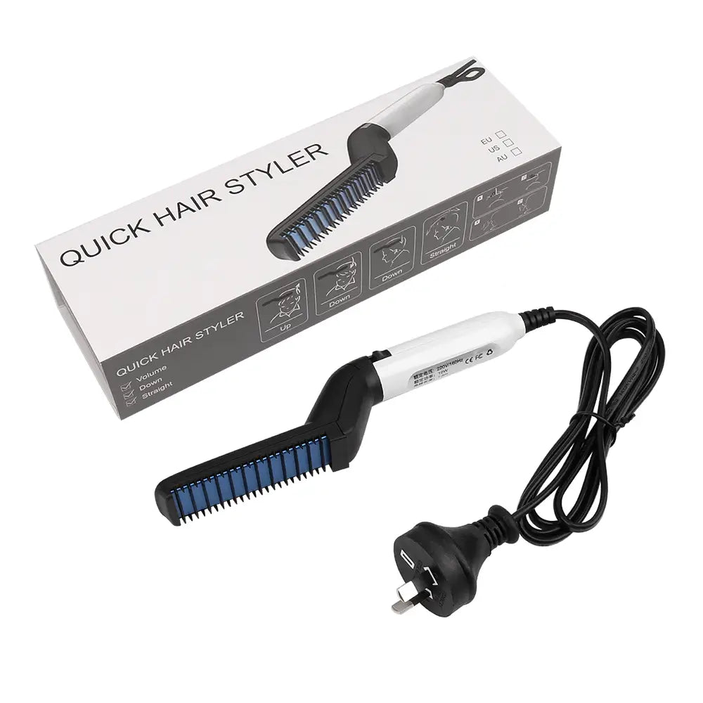 Weiße und schwarze elektrische Haarglättungsbürste für Männer mit blau getönten Keramik-Heizplatten zum Stylen von Bart und Haaren.