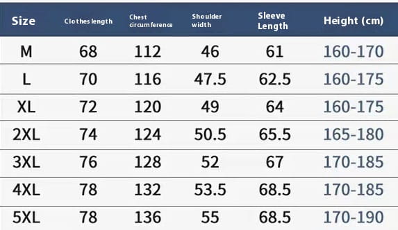 Size chart for a waterproof hiking jacket men hooded windbreaker displaying women’s clothing line measurements in centimeters from size M to 5XL.