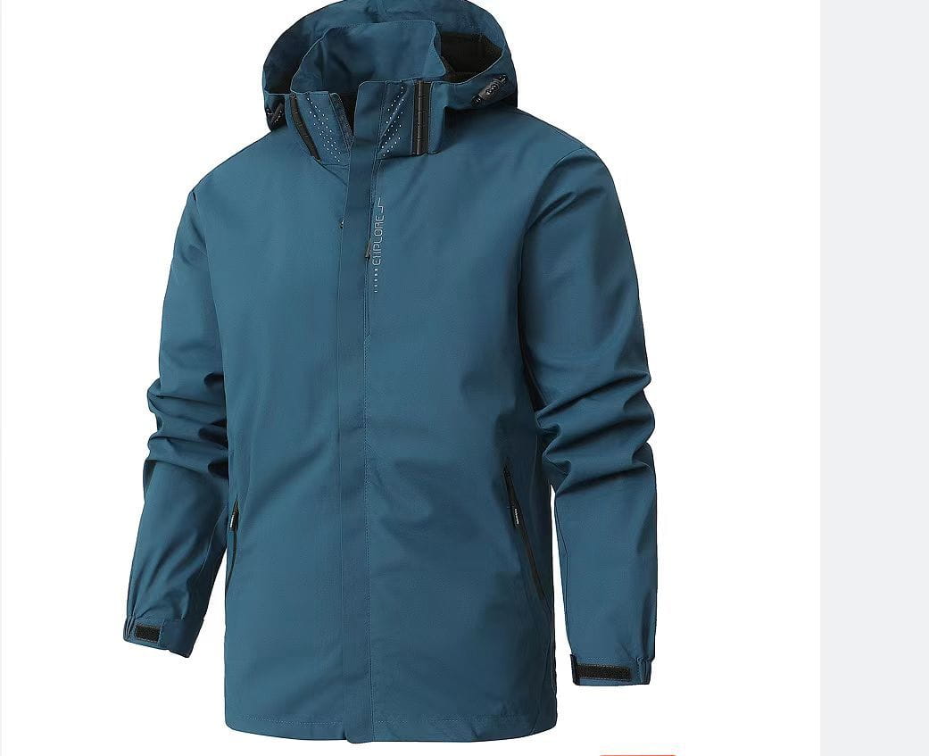 Teal waterproof hiking jacket men hooded windbreaker with black zipper accents designed for outdoor use.
